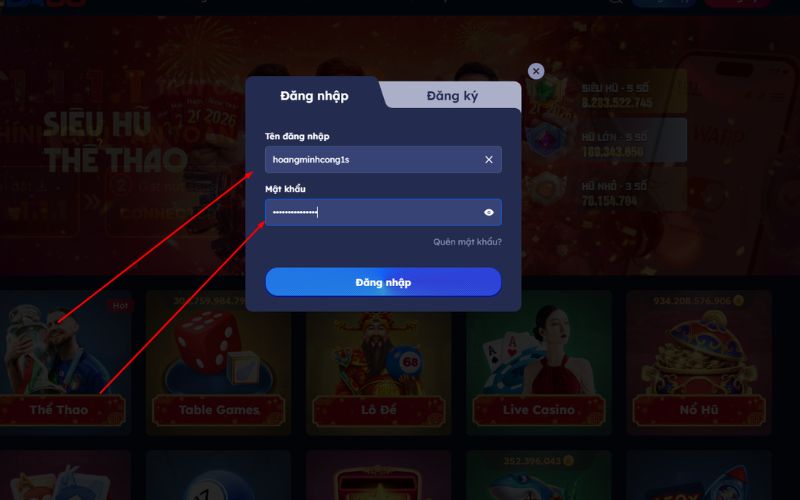 giao diện đăng nhập bayclub trên điện thoại
